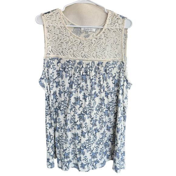 Rose And Olive Top Sleeveless Lace Floral Blue 2XL XXL Relaxed Comfort Boho - Picture 1 of 7